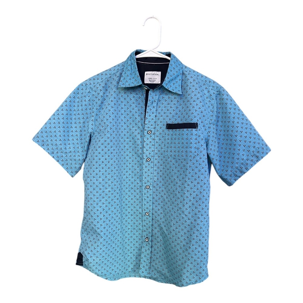 Distortion Boys Classic Button up Shirt Size Large 14/16 Blue geometric triangle